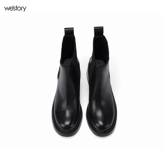 westory冬季弹力松紧圆头短靴黑色粗高跟切尔西靴女秋冬82081 商品图2