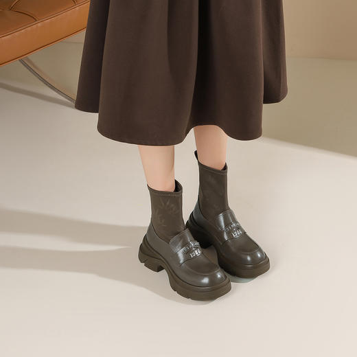 westory2024秋冬新款英伦风真皮弹力厚底显瘦百搭气质乐福袜靴女S24DS83991 商品图3