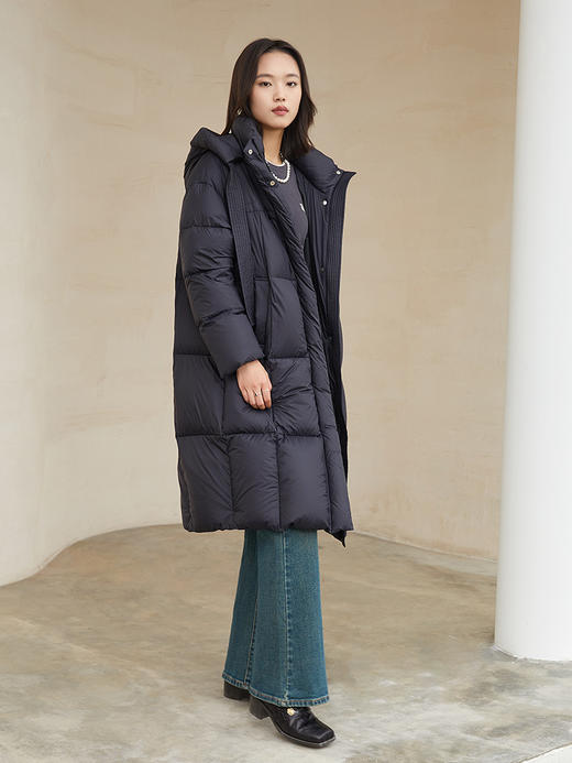 冬季新款黑色连帽羽绒服女中长款宽松保暖白鸭绒系带收腰过膝外套 商品图1