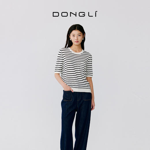 东黎 • 温柔的海风 海魂衫 桑蚕丝女士圆领彩条短袖 5223 商品图1