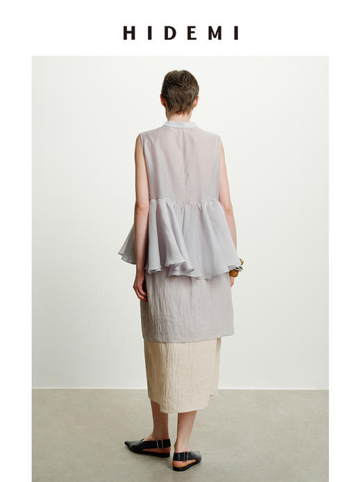 HIDEMI云雾紫极简设计感圆领纽扣褶皱拼接清透感背心上衣 商品图5