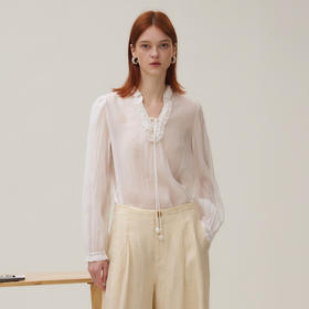 谜底衬衣长袖女2025秋季新品复古通勤V领泡泡袖花边衬衫253MC1066