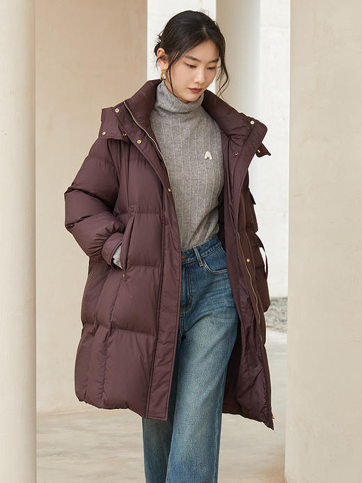 深棕色长款羽绒服女 连帽可拆卸 冬季加厚保暖宽松过膝面包服外套 商品图0