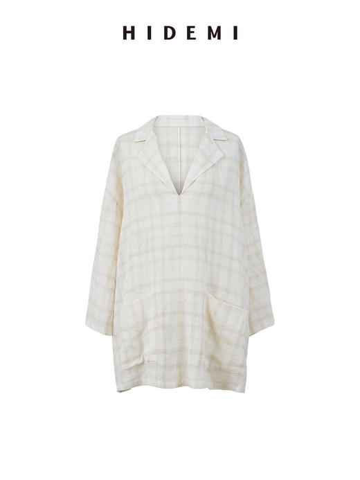 HIDEMI 极简设计感进口艺术感雕花色织格纹自然环保工艺原麻色西装翻领大口袋廓形上衣半裙套装 上衣/不规则半裙 商品图9