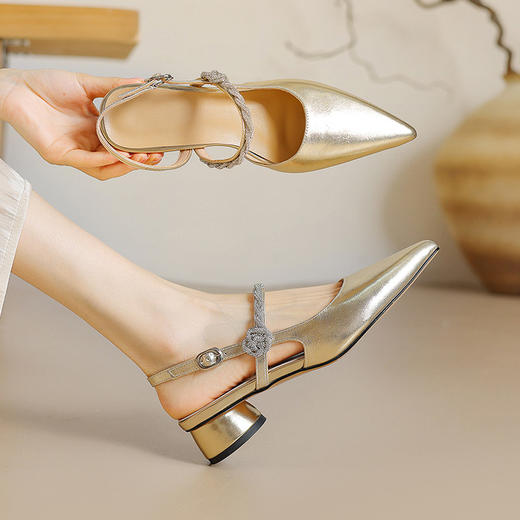 【预售5天】包头凉鞋女新款夏季法式玛丽珍鞋粗跟银色一字带尖头高跟鞋BX&C1572 商品图0