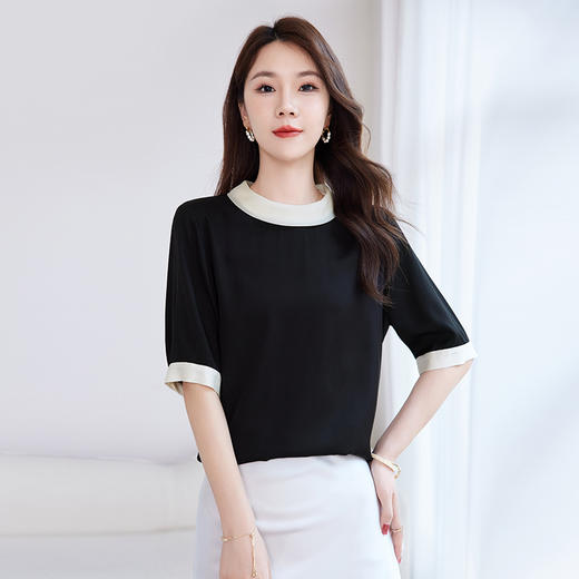 真丝弹力双乔爆款纯色上衣，桑蚕丝小衫女简约通勤T恤SM-12501111 商品图1