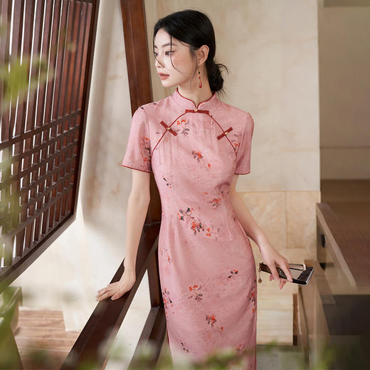 新中式国风花卉印花连衣裙夏季古典立领盘扣短袖改良旗袍V0050800 商品图0