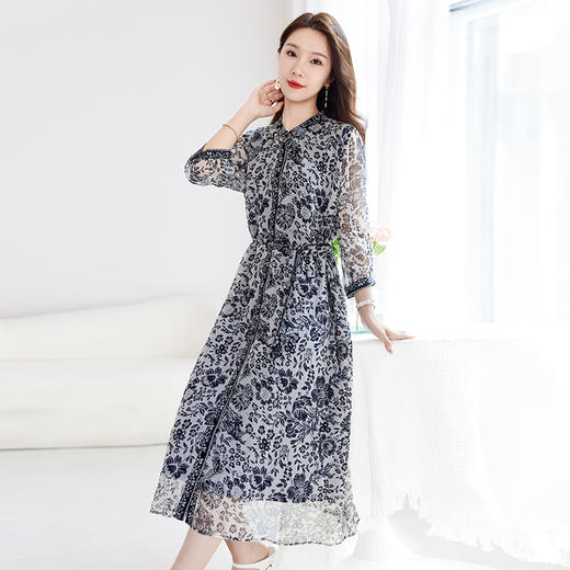 V领乔其印花乔其真丝，显瘦夏100%桑蚕丝连衣裙SM-82599932 商品图3