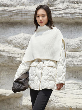 奶白色菱形格纹中长款棉服 圆领单排扣大口袋外套 简约通勤风秋冬宽松保暖轻薄羽绒服