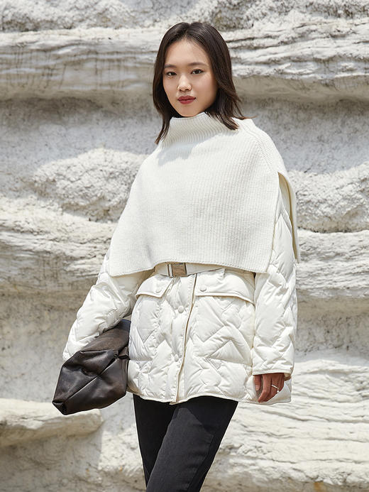 奶白色菱形格纹中长款棉服 圆领单排扣大口袋外套 简约通勤风秋冬宽松保暖轻薄羽绒服 商品图0