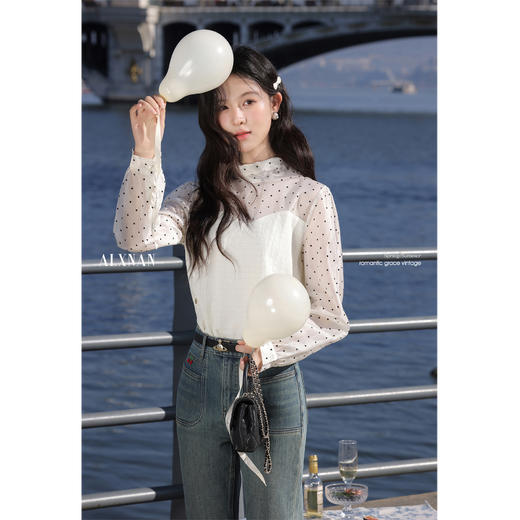 鹿向南「白茶月光」白杏色法式气质甜美波点衬衫女夏拼接防晒上衣L529168 商品图4