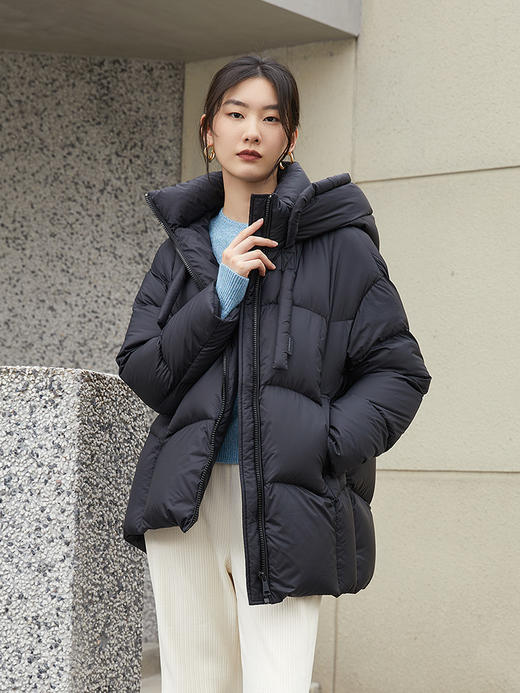 【鹅绒】深棕色连帽中长款羽绒服 秋冬宽松廓形拉链保暖面包服外套 商品图0