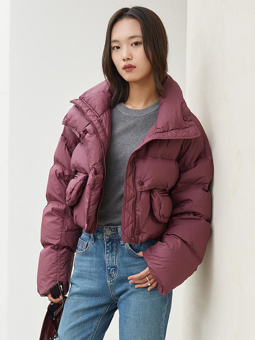 暗紫红色短款立领羽绒服 多口袋工装风宽松廓形保暖显瘦秋冬通勤休闲百搭保暖外套 商品图0