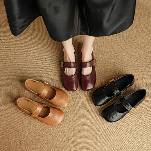 【预售5天】超软羊皮圆头浅口平底玛丽珍鞋女新款真皮一字带单鞋NJMK&K1658 商品图2