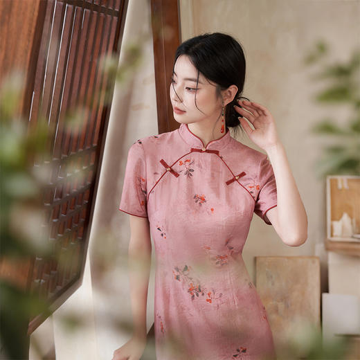 新中式国风花卉印花连衣裙夏季古典立领盘扣短袖改良旗袍V0050800 商品图2