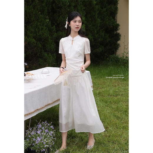 【6折秒杀】鹿向南「国风情书」新中式国风连衣裙女夏季收腰气质短袖杏色长裙DYL661784 商品图3