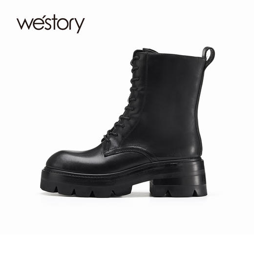westory2022年新款秋冬英伦风厚底粗跟圆头绑带马丁靴女81951 商品图1
