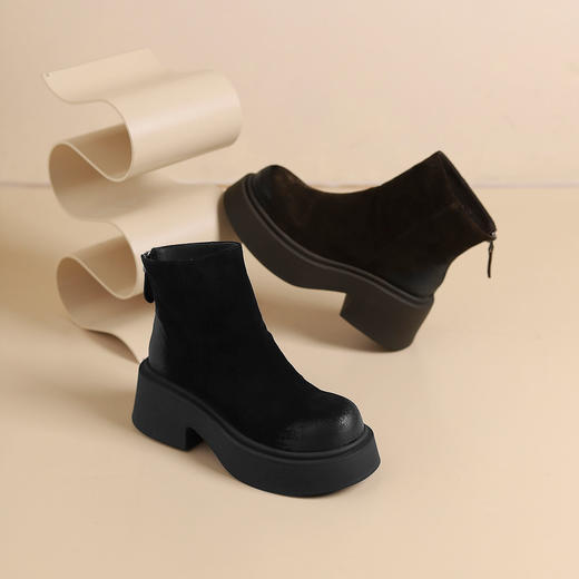 westory2024秋冬新款厚底粗跟短靴复古显瘦高弹力马丁靴女S24DS84541 商品图0