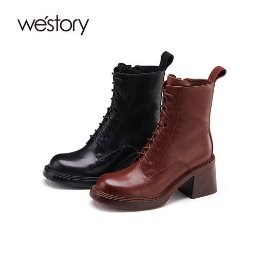 westory秋冬小个子英伦风真皮粗跟圆头绑带马丁靴女82071 商品图0
