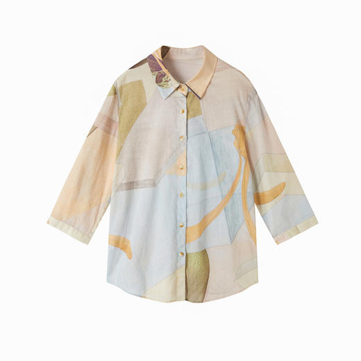 谜底衬衣七分袖女2025秋新品复古通勤印花合体100棉衬衫253MC1008 商品图4