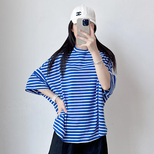 时尚休闲百搭显瘦短袖T恤女宽松洋气条纹打底衫 商品图0