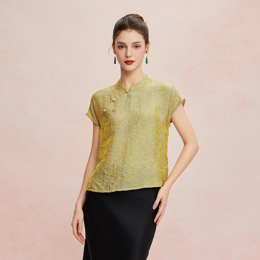 QF259斯尔丽25新款新国风低小立领短袖沙质防透质感高级百搭显瘦上衣 商品图5