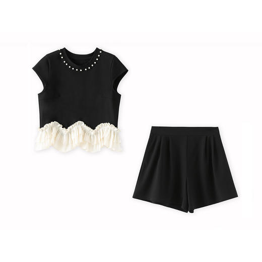 「高货wl」全新升级【铂金会员321/天猫429/差价108】(99333)洛诗琳小香风钉珠圆领拼荷叶边上衣洋气减龄短裤套装女 商品图2