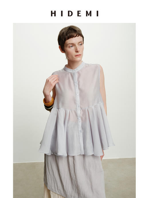 HIDEMI云雾紫极简设计感圆领纽扣褶皱拼接清透感背心上衣 商品图2