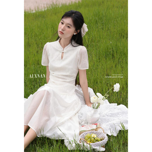 【6折秒杀】鹿向南「国风情书」新中式国风连衣裙女夏季收腰气质短袖杏色长裙DYL661784 商品图4