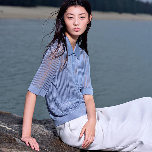 东黎 • 温柔的海风 波光透影 桑蚕丝山羊绒 女士T恤领短袖 5207 商品图1