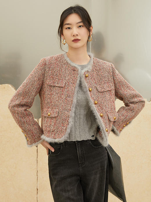 杂色粗花呢拼接毛绒圆领短款外套 冬季小香风金属扣多口袋长袖羽绒服 商品图0