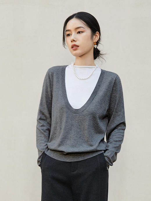 花灰色假两件 V 领针织衫 半高领撞色拼接修身显瘦长袖打底衫 秋冬通勤温柔气质内搭上衣 商品图0