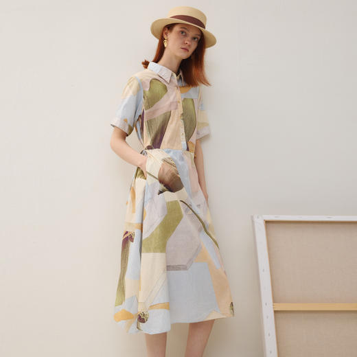 谜底连衣裙短袖女2025秋新品复古收腰抽绳原创印花长裙253ML1067 商品图1