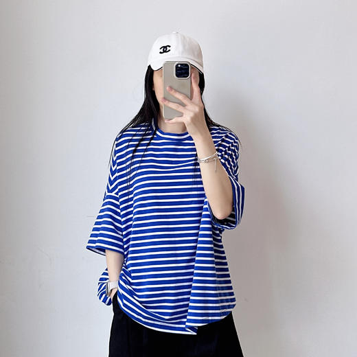 时尚休闲百搭显瘦短袖T恤女宽松洋气条纹打底衫 商品图1