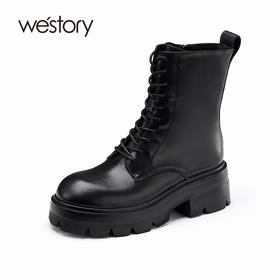 westory2022年新款秋冬英伦风厚底粗跟圆头绑带马丁靴女81951
