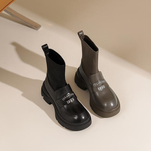 westory2024秋冬新款英伦风真皮弹力厚底显瘦百搭气质乐福袜靴女S24DS83991 商品图0