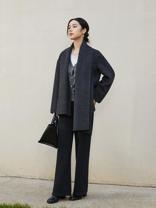 深灰色叠搭披肩毛呢外套女 秋冬时尚宽松短款 气质百搭毛呢大衣 商品图0