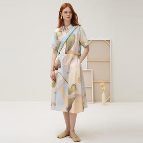 谜底连衣裙短袖女2025秋新品复古收腰抽绳原创印花长裙253ML1067