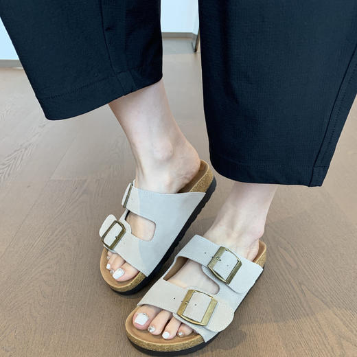 洋气减龄！头层磨砂牛皮软木组合橡胶大底清凉厚底勃肯拖鞋！ 商品图0