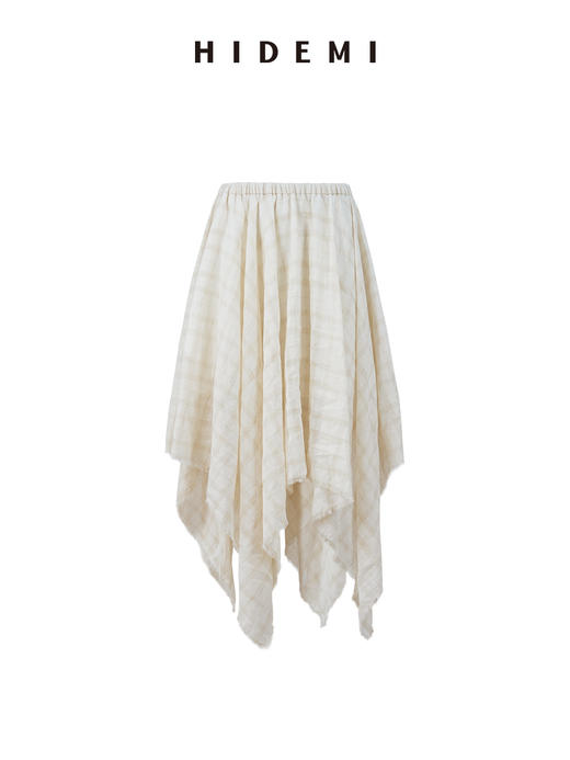 HIDEMI 极简设计感进口艺术感雕花色织格纹自然环保工艺原麻色西装翻领大口袋廓形上衣半裙套装 上衣/不规则半裙 商品图10