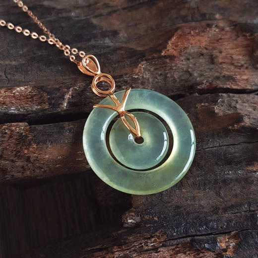 【天然正品】A货翡翠AU750玫瑰金镶钻镶天然冰种双平安扣翡翠吊坠项链34.1*23.4*2.8MM（皆取最大值）女士现售价：2480！280325AH68 商品图5