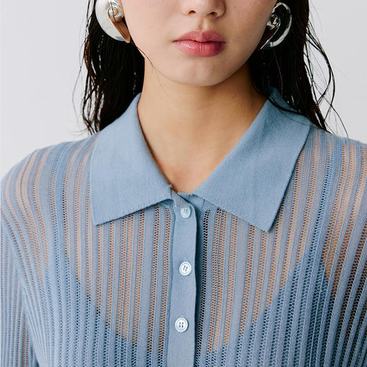 东黎 • 温柔的海风 波光透影 桑蚕丝山羊绒 女士T恤领短袖 5207 商品图6