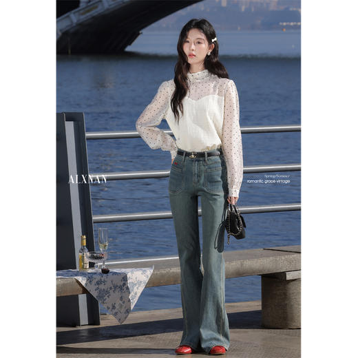 鹿向南「白茶月光」白杏色法式气质甜美波点衬衫女夏拼接防晒上衣L529168 商品图1