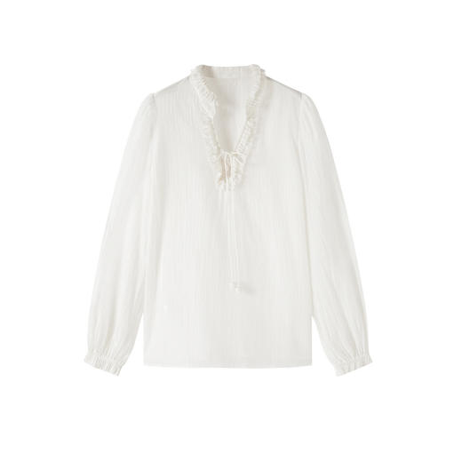 谜底衬衣长袖女2025秋季新品复古通勤V领泡泡袖花边衬衫253MC1066 商品图4