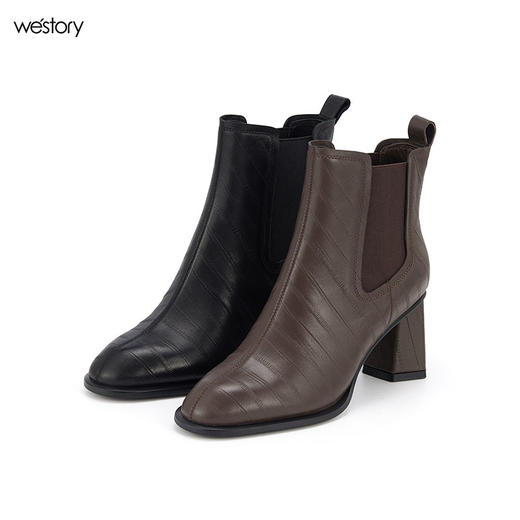 westory2023年秋季新品鳗鱼纹牛皮优雅复古马丁靴高跟短靴女S23DS83621 商品图0