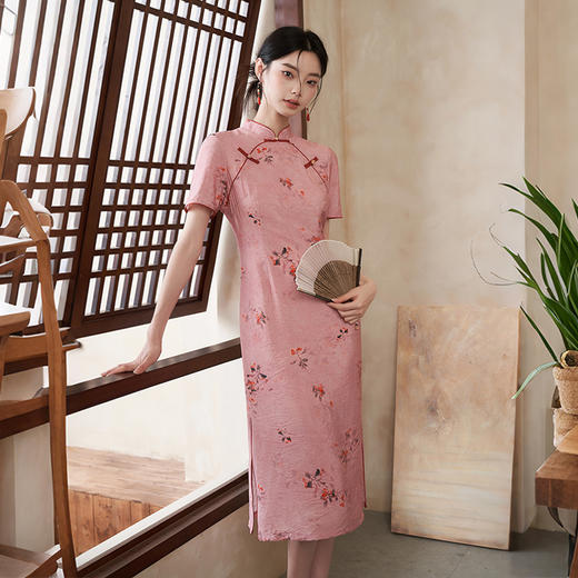 新中式国风花卉印花连衣裙夏季古典立领盘扣短袖改良旗袍V0050800 商品图1