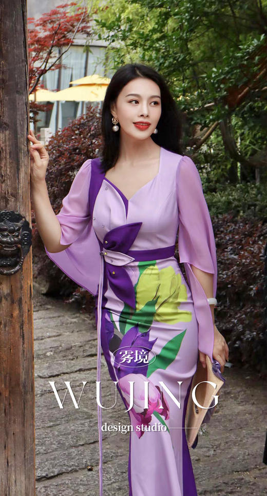 3205098 进口纹理蜂窝缎定位印花/韩国进口水晶乔其纱连衣裙 雾境 商品图5