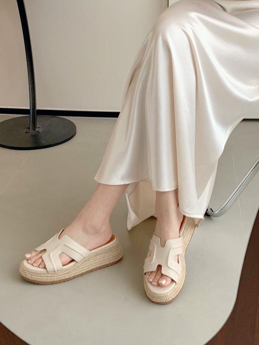 赵露思董洁推荐草编H拖纯皮凉鞋 商品图0