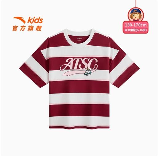 安踏儿童短T女大童针织短袖衫25新款中大童纯棉上衣学院风条纹T恤362531108 商品图0