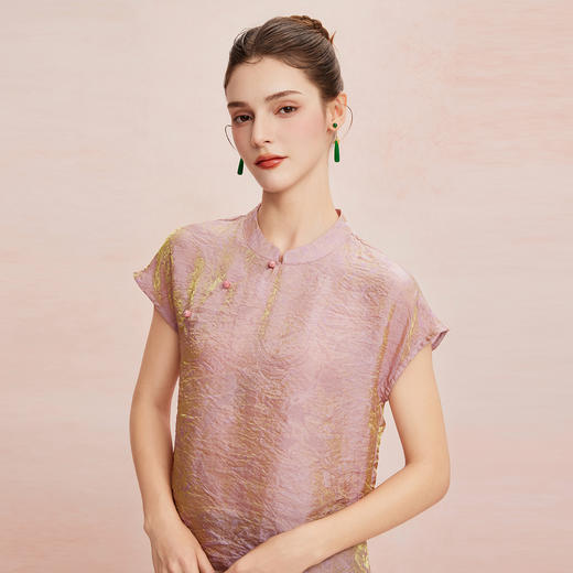 QF259斯尔丽25新款新国风低小立领短袖沙质防透质感高级百搭显瘦上衣 商品图2